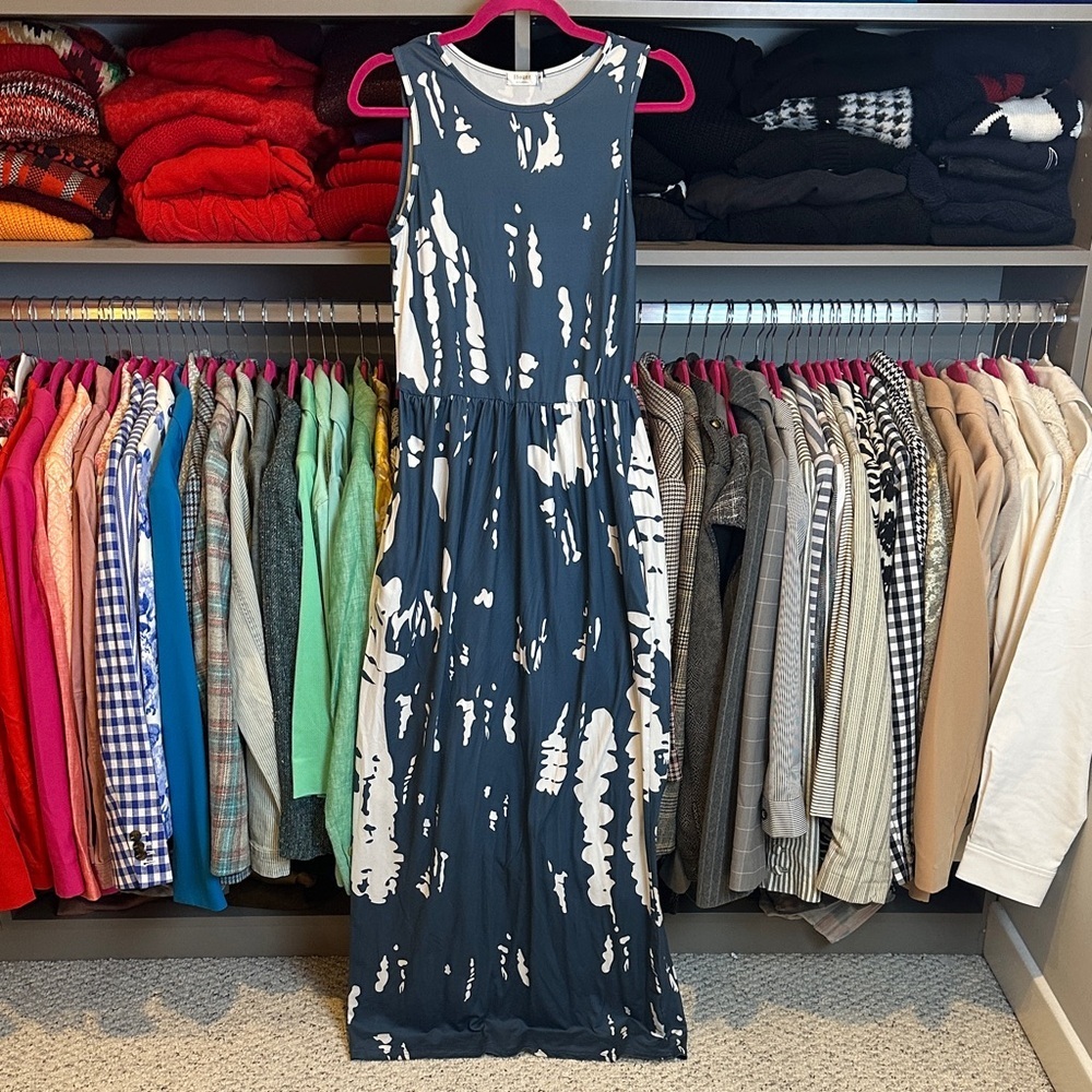 Hount teal/white print sleeveless 2 pocket maxi dress size S